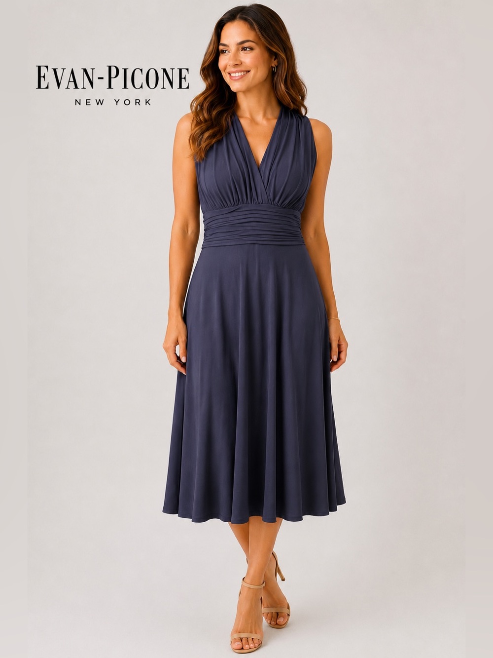 Evan Picone Smoky Lavender Halter Dress Ruched Empire Waist Size M